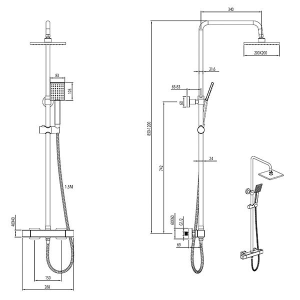 Square Dual Outlet Cool Touch Mixer Shower
